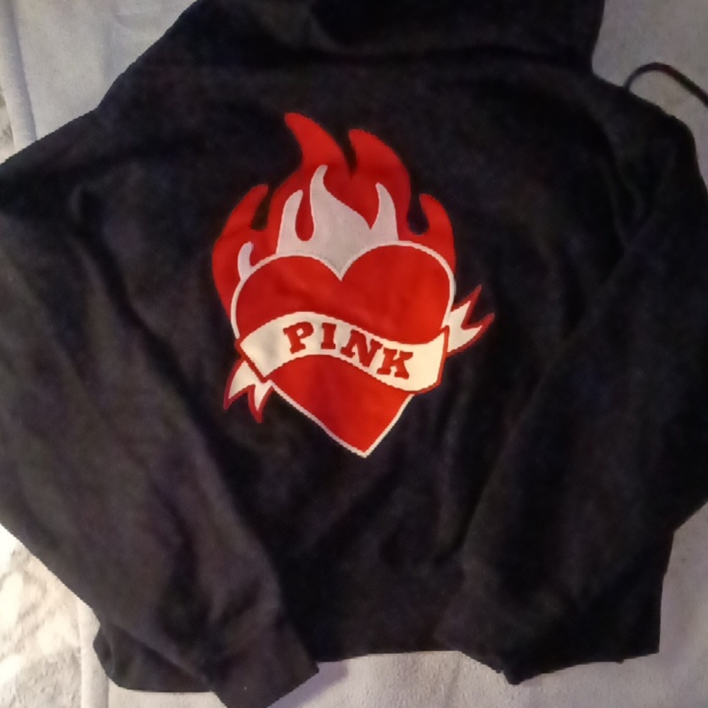 PINK Victoria's Secret Black Hoodie with Red Flame Heart Graphic - Picture 3 of 8